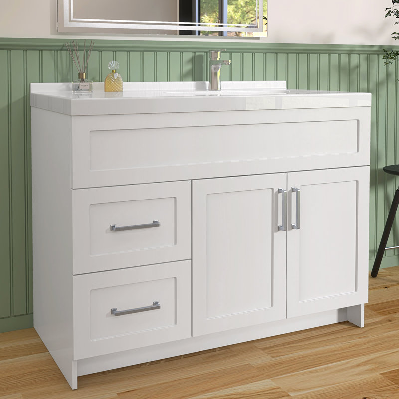 Armoire de meuble-lavabo autoportante de 42 po x P 21,5 po x H 33,5 po avec 2 portes et 2 tiroirs blancs, Blanc