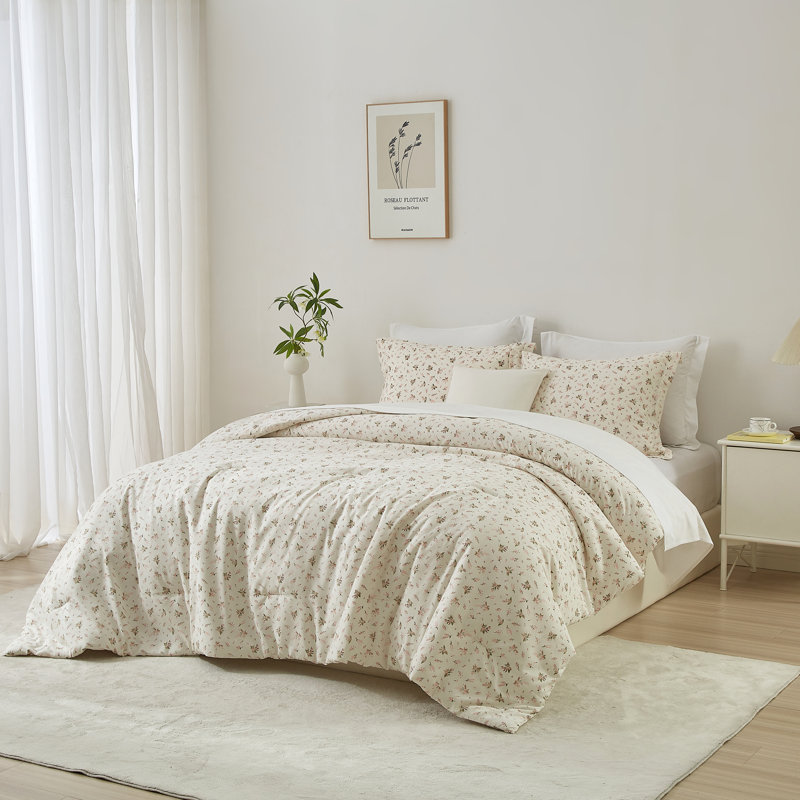 Ensemble d'édredon en microfibre à imprimé floral, Édredon double + 2 taies décoratives