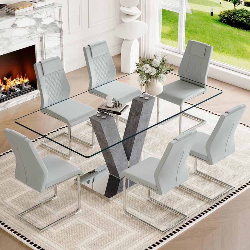 Ensemble de table de salle à manger 71 po en verre trempé 71 po pour 6 à 8 personnes - Ensemble de salle à manger en verre trempé avec chaises en cuir synthétique
