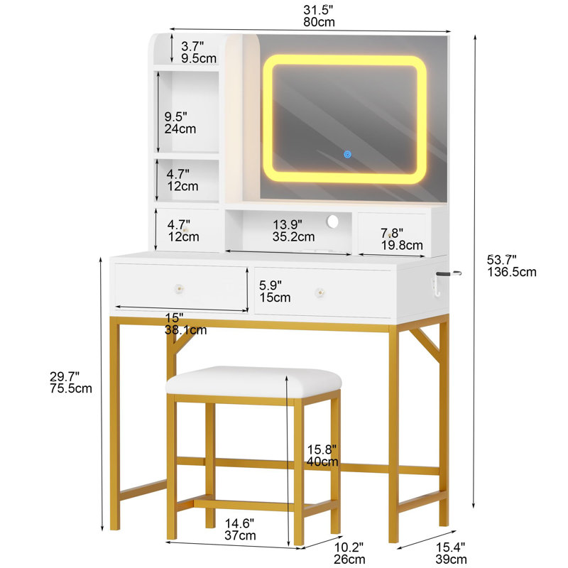 Vanity Desk With Mirror, 3 Adjustable Lighting Mode Makeup Vanity, White/Gold