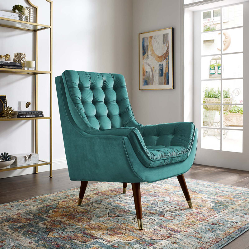 Suggest Button Tufted Upholstered Velvet Lounge Chair, Teal Plainweave