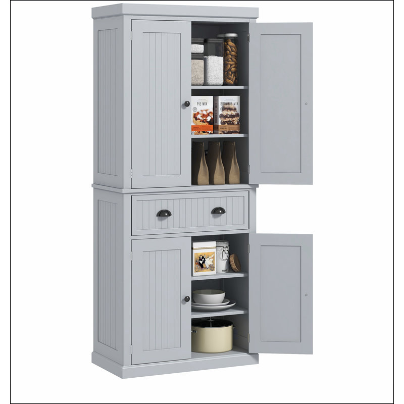 72" Kitchen Pantry Storage Cabinet, Traditional Freestanding Cabinet with 4 Doors, Gray