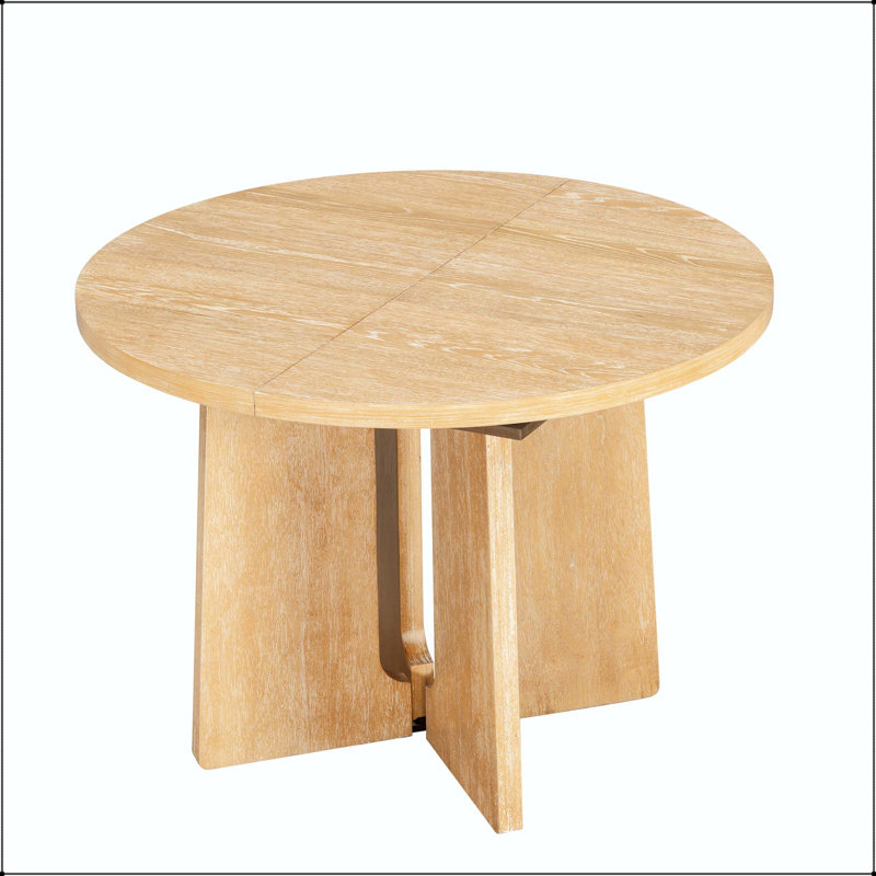 Round Extendable Dining Table with Solid Wood Frame, Natural