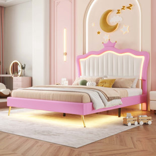 Upholstered Bed Frame With LED Lights, Modern Upholstered Princess Bed With Crown Headboard