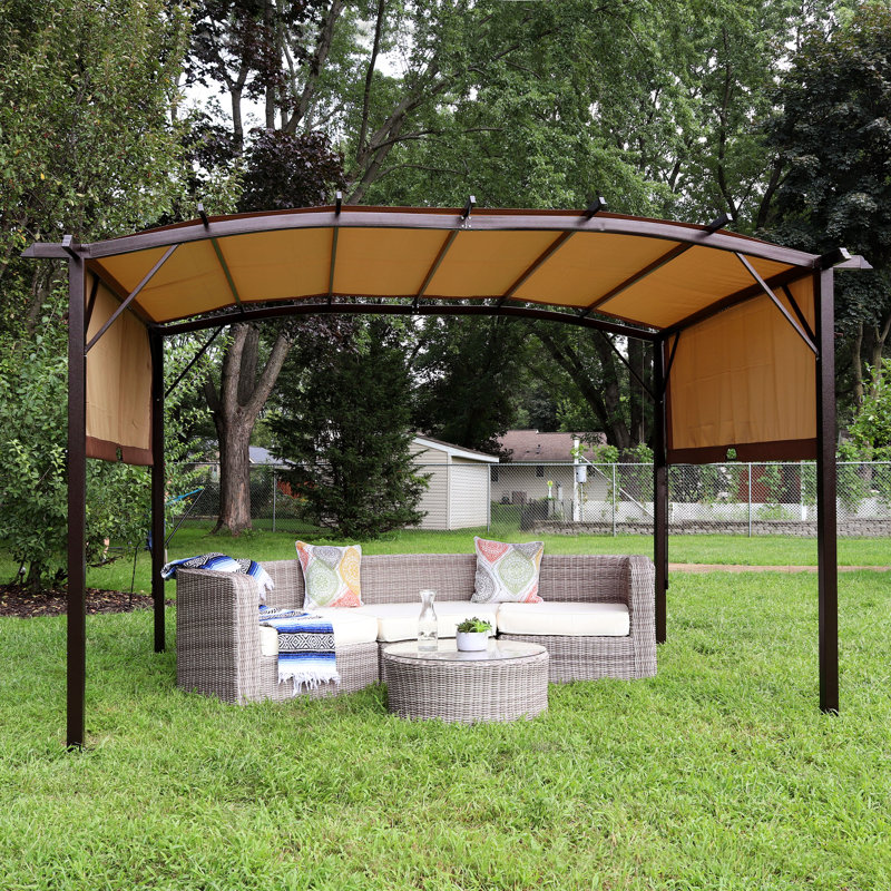 Tan Metal Arched Pergola with Retractable Canopy, 12 Ft.