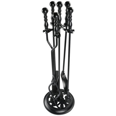 5 Pieces Fireplace Tools Sets Wrought Iron Firewood Kit with Handle Durable Tool Set and Holder for Fire Pit Stand Indoor Tong Shovel Poker Brush Firewood Accessories