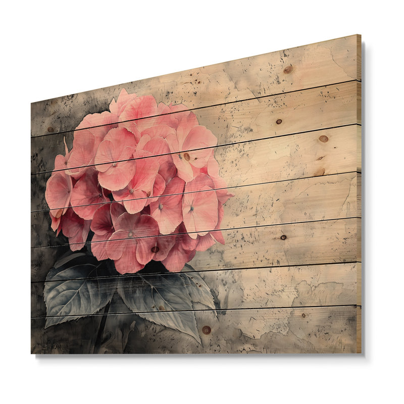 Hydrangea In Vintage Light I - Hydrangea Wood Wall Decor - On Natural Pine Wood, 10" H x 20" W