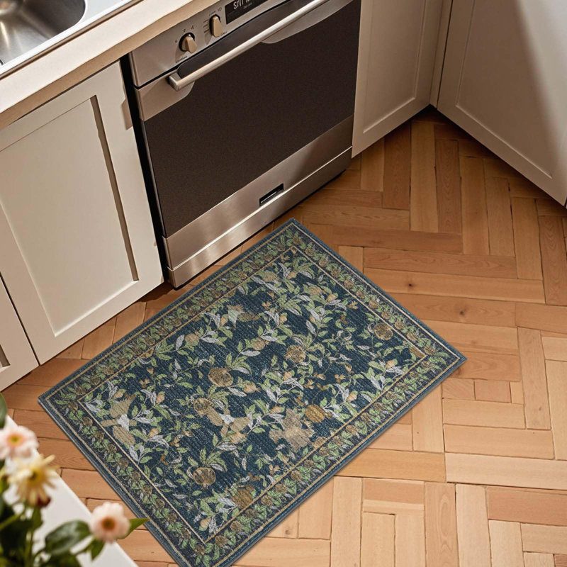 Eden Floral Rug Soft Vintage Fall Decor Washable Non-slip Distressed Blue, Distressed Blue, Rectangle 2' x 3'