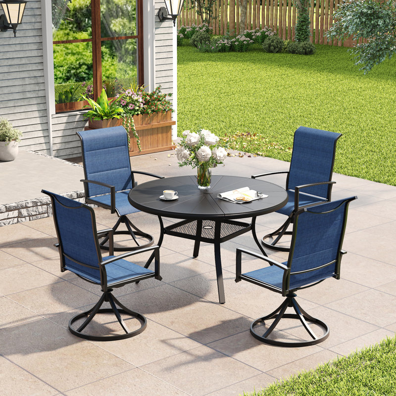 Aluminum Patio Dining Set with 4-person Round Dining Table and 4 Swivel PVC-coated polyester  Padded Dining Chairs