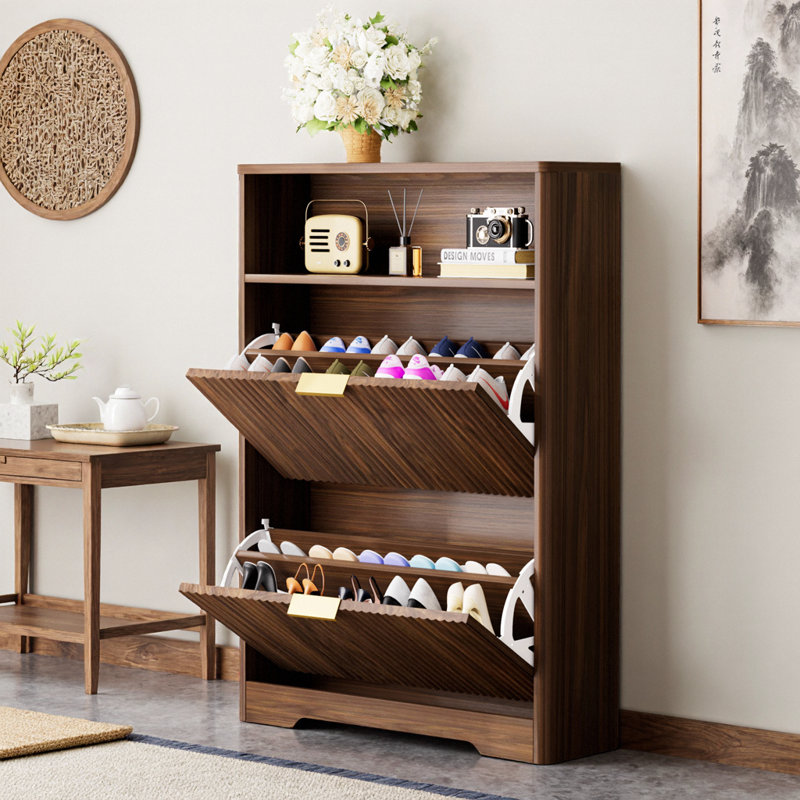31.6" Slim Shoe Cabinet with 2 Flip Drawers, 9.6" Narrow Entryway Organizer, Wave Pattern Hidden Storage with Gold Handles, Natural Wood Finish, 8-10 Pairs Capacity