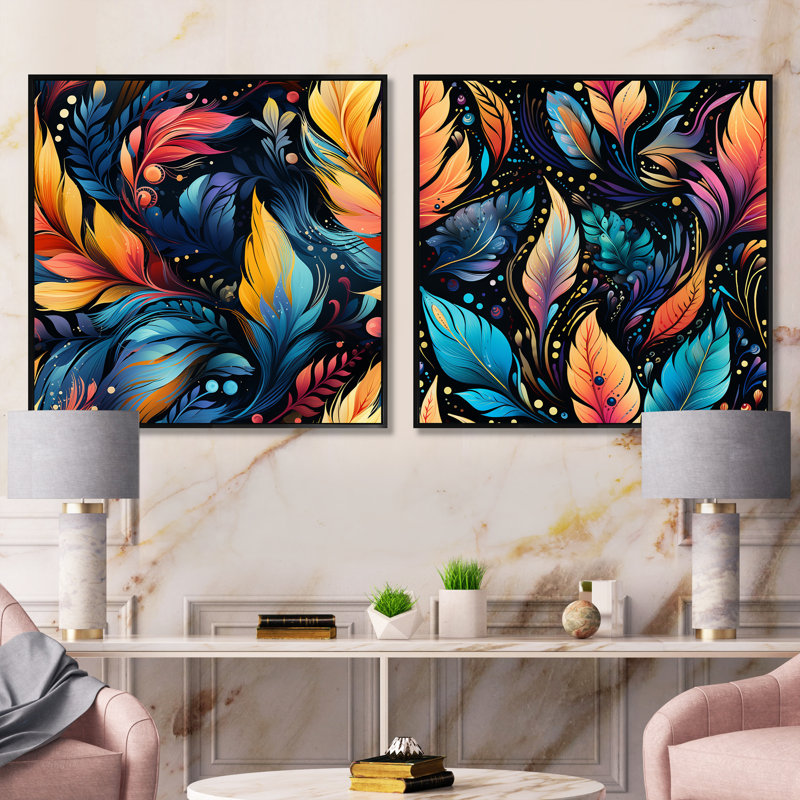 Motif de bohème artistique - ensemble de 2 collages carrés botaniques abstraits, Cadre flottant noir, H 16 po x l 33 po