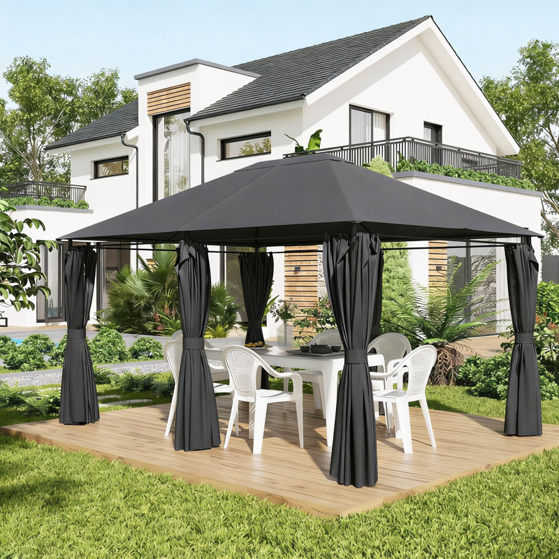 Pavillon de jardin extérieur 10 pi x 13 pi avec structure en acier, rideaux, gris foncé