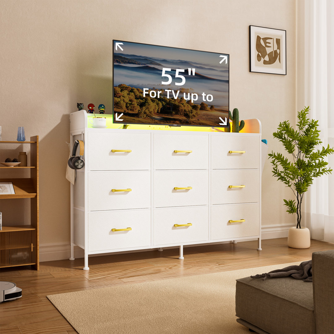 Kishmat 9 - Drawer Dresser White Dresser for Bedroom, Bedroom Dresser with LED Lights and Charging Station, 9 Drawers Long Dresser, Tall Wide Fabric Chest of Drawers Storage Organizer TV Stand for 55" TV, White Wrought Studio™