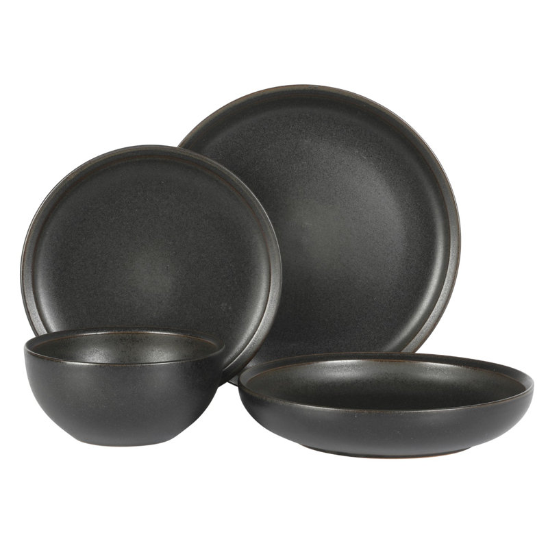 Gibson Elite Beckett Stoneware Matte Reactive Glaze 16 Piece Plates and Bowls Dinnerware Set - Grey, Black