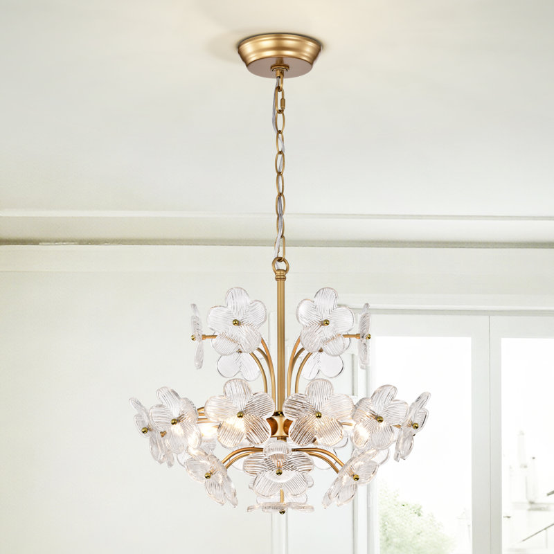 Rosa Modern 6-Light 17.7" Glam Clear  Glass Flower Crystal Chandelier - Glossy Brass