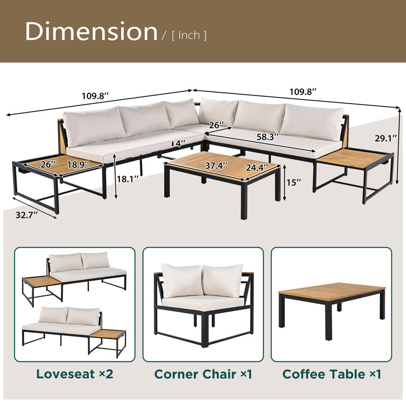 Ensemble de meubles de patio avec causeuse, ensemble de canapé d'extérieur 4 pièces avec coussins imperméables, Beige