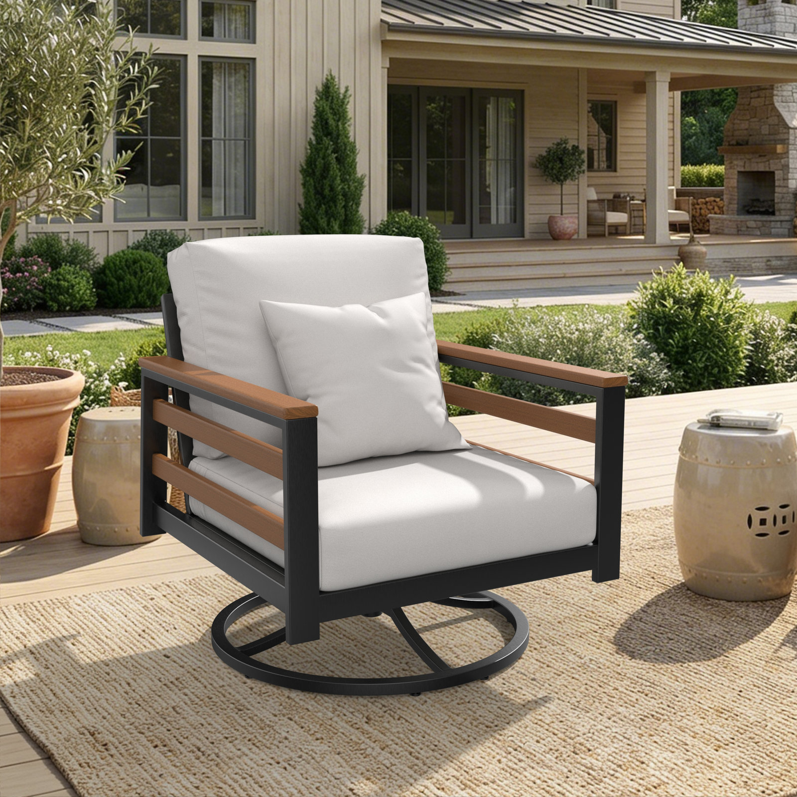 Townsend Sunbrella® Metal Swivel Patio Rocking Chair, Sunbrella Canvas Natural, Brown