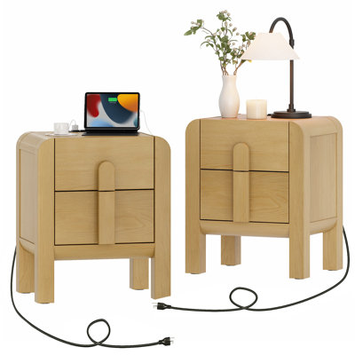 Adora Modern Wood Nightstand Set Of 2 With Drawers ,Curved Mid-Century End Table With Built-In Charging Station For Bedroom, Living Room,Entryway