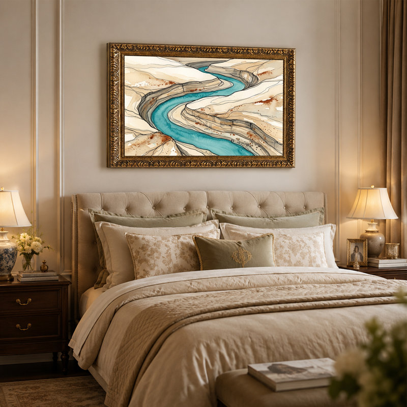 «Curving Teal River Through Tan Canyon Strata Layers», art mural, 16"H x 24"W