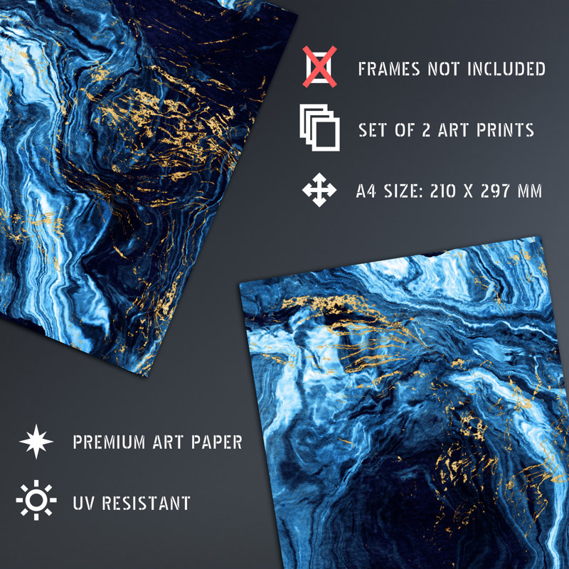 Abstract Dark Blue & Gold Marble 2-Piece Set Unframed Wall Art Prints Living Room Aesthetic Vein Mineral