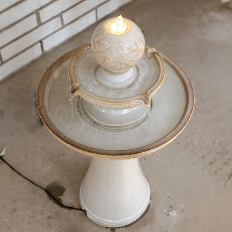 Off-White Ceramic 2-Tier Outdoor Fountain with LED Lights