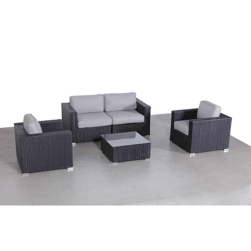 Ensemble de conversation en osier pour 4 personnes avec coussins Ameri