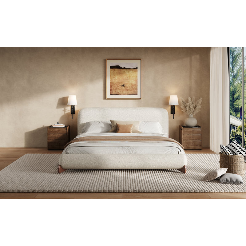 Paris Boucle Upholstered Platform Bed With Thick Headboard & Solid Wood Legs, Queen