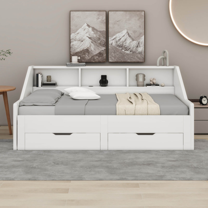 Carrol Twin to King Size Daybed Frame with Storage Bookcases, Two Drawers and Charging Design, White