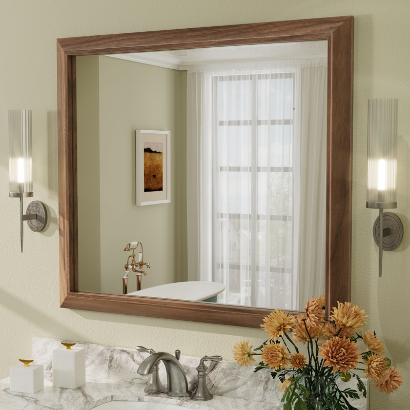 Amara Tempered Glass and Aluminum Alloy Framed French Cleat Mounted Wall Mirror, 48" x 32", Light Yellow Wood