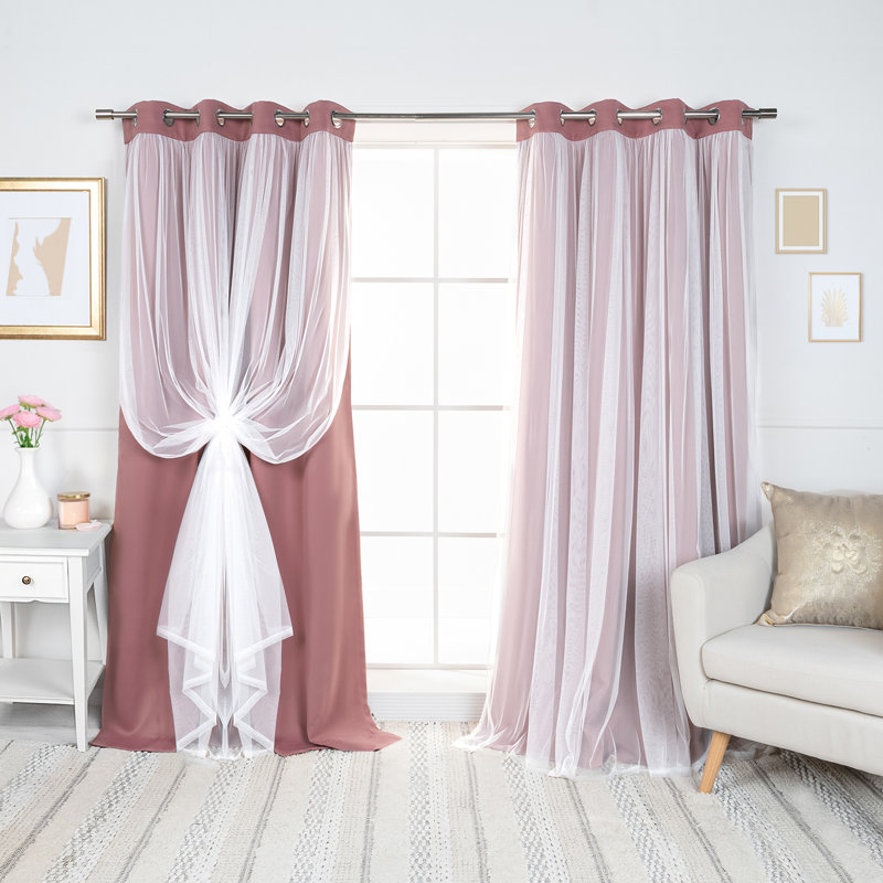 Fortuna Brockham Solid Tulle Overlay Room Darkening Grommet Curtain Panels, Mauve, 52" W x 96" L