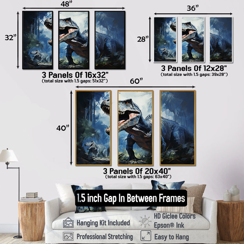 Ancien dinosaure bleu et gris I - art mural dinosaure, Cadre flottant brun, H 40 po x l 60 po