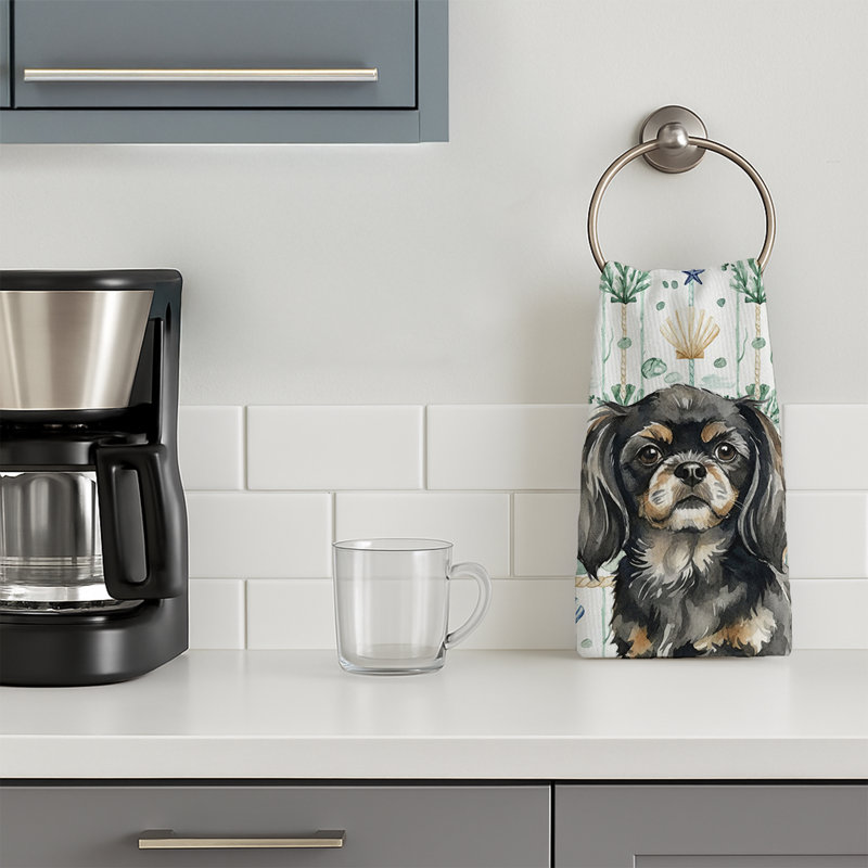 Black and Tan Tibetan Spaniel Coastal Sea Glass Kitchen Towel, Black and Tan Tibetan Spaniel