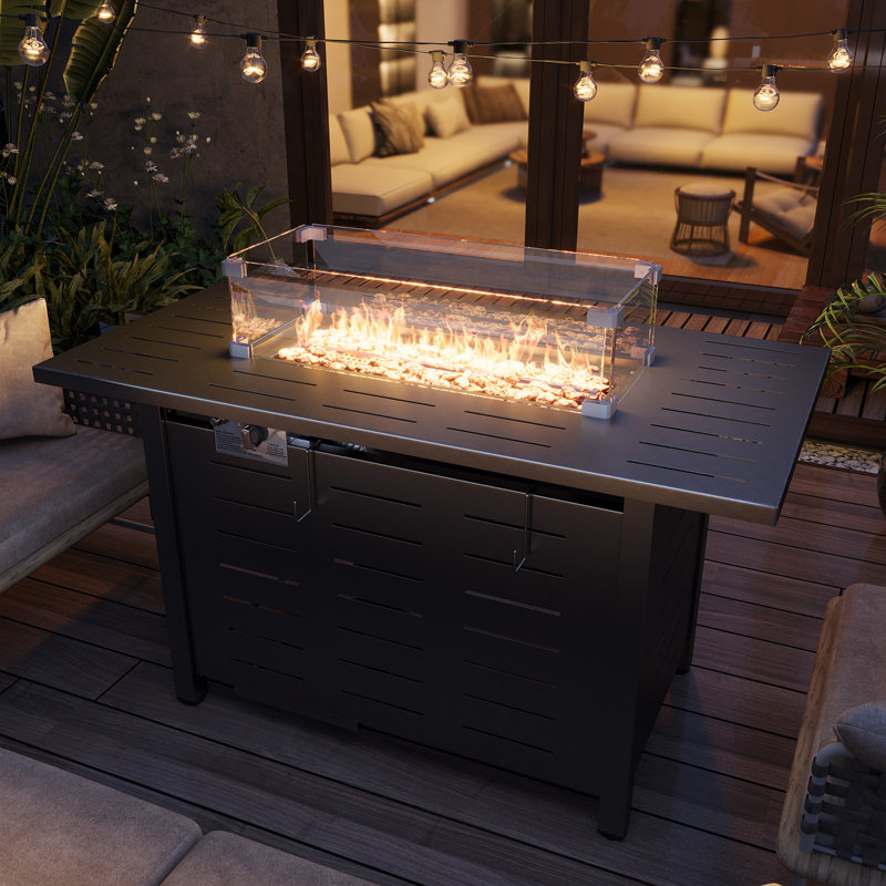 Table de foyer d'extérieur au propane en fer H 25 po x l 44 po avec couvercle