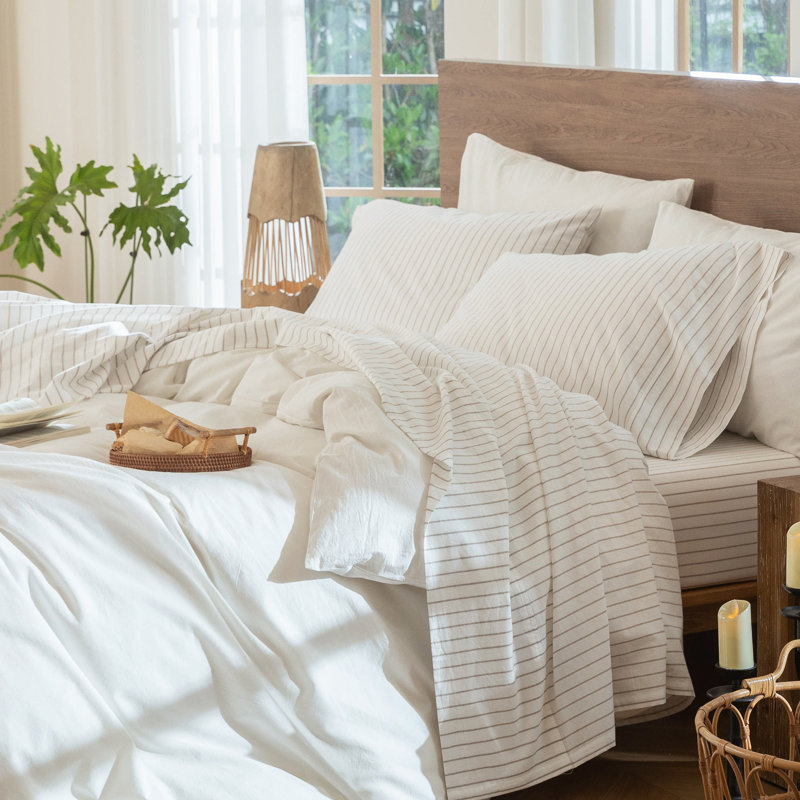 Ensemble de draps 100% coton lavé MooMee, Rayures larges : Blanc et gris lin beige