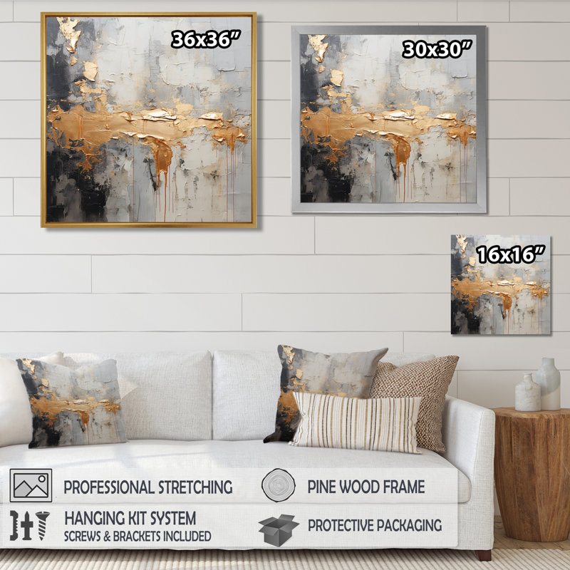 Opulence horizontale, blanc, gris, noir, or - art mural abstrait, 36" H x 36" W, Wrapped Canvas