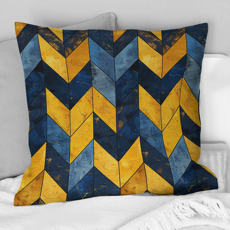 Coussin décoratif bleu et jaune à motif de chevrons glamour II, H 18 po x l 18 po