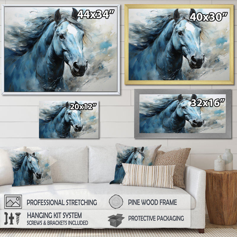 Blue Horse Vibrant Blue Equine I On Canvas Print, 24" H x 32" W x 1" D, Black Single Picture Framed