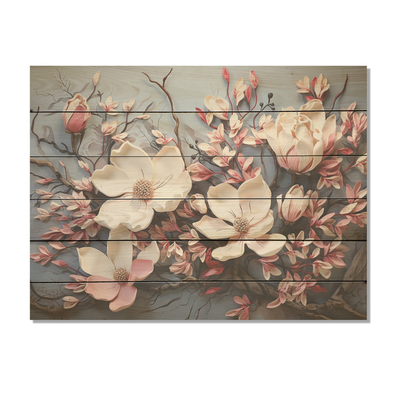 Arbre de magnolia somptueux I - Magnolias, art mural sur bois de pin naturel, H 10 po x l 20 po