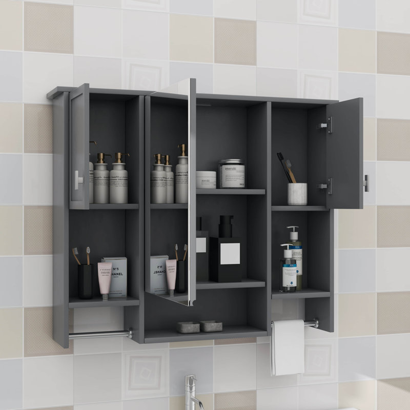 Armoire de salle de bain murale moderne 35 po x 28 po avec miroir, unité de rangement compacte avec une barre à serviettes intégrée, armoire à pharmacie minimaliste
