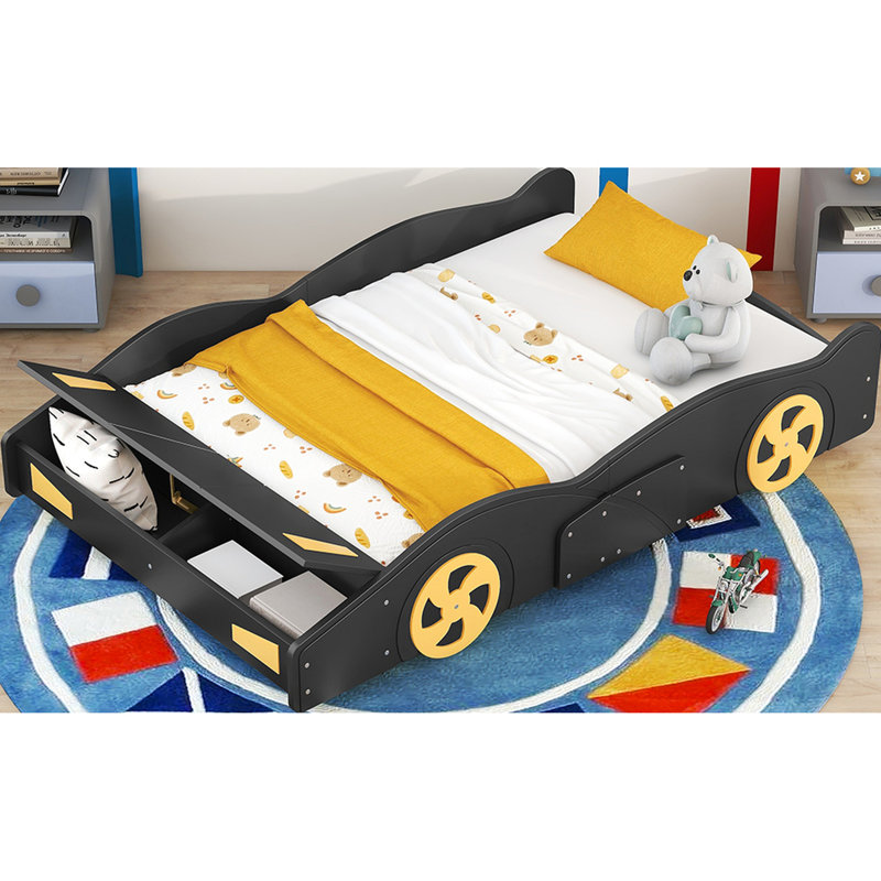 Lit plateforme confortable de style voiture de course avec matériaux de rangement spacieux, Noir, Lit double