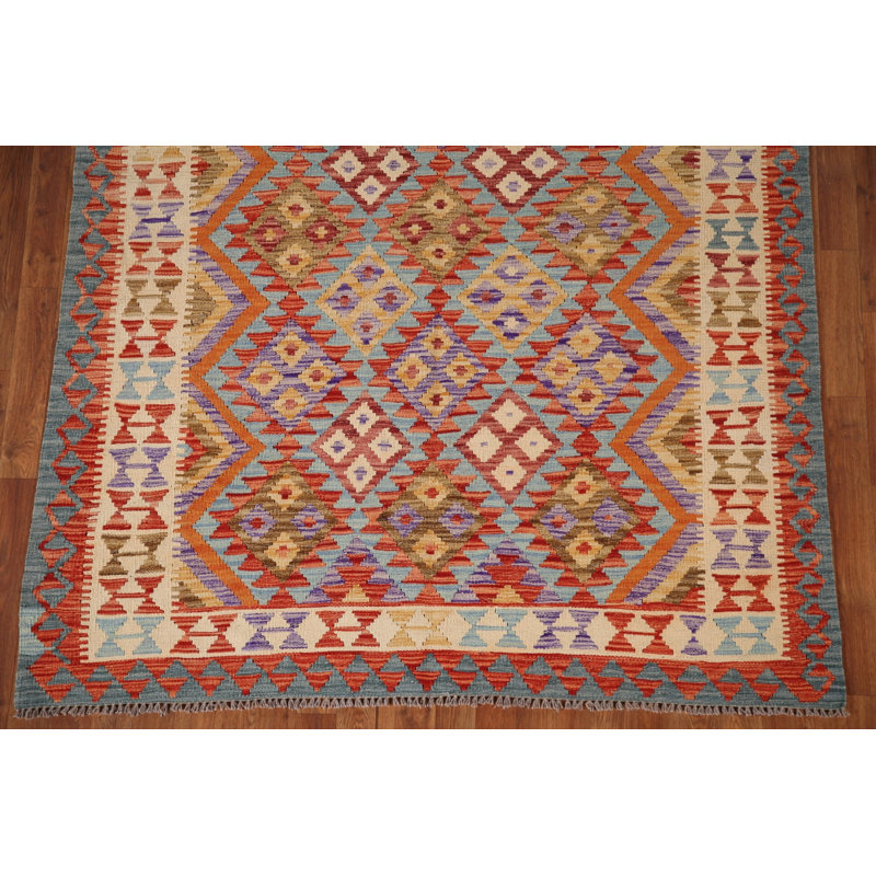 Tapis oriental géométrique en laine Kilim 6 x 8