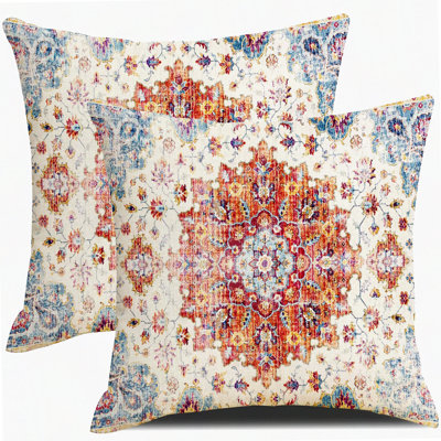 Ethnic Farmhouse Floral Pillow Covers - Set of 2, Linen Decorative Throw Pillows for Outdoor Living Room Couch Sofa Decor