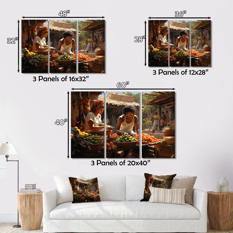 «African Vibrant Market I» sur toile, reproduction de 3 pièces, H 40 po x l 60 po x P 1 po