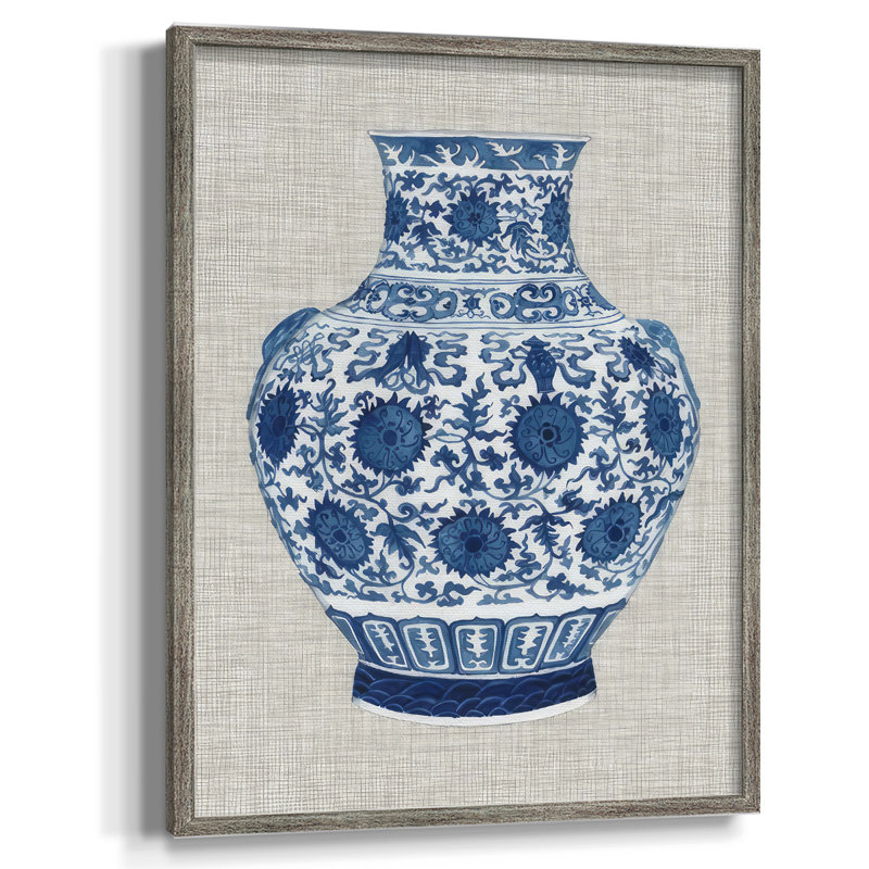 Vase Ming sur lin, reproduction encadrée en V - bois massif, H 21 po x l 17 po