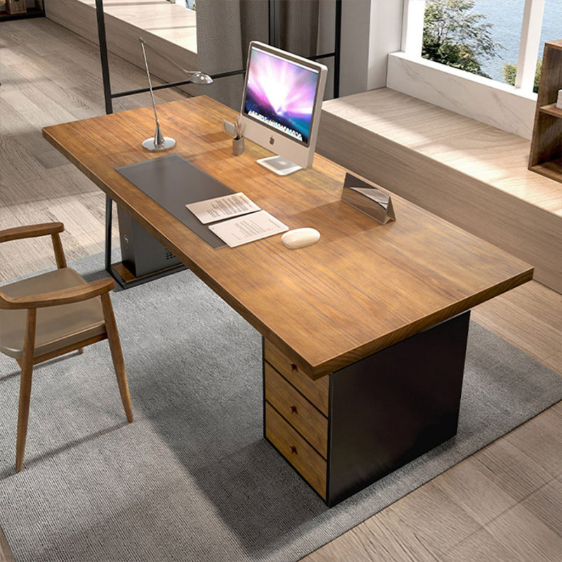 Bureau de direction rectangulaire en bois massif brun clair avec tiroirs, 29.53" H x 78.74" W x 31.5" D, Retour à droite