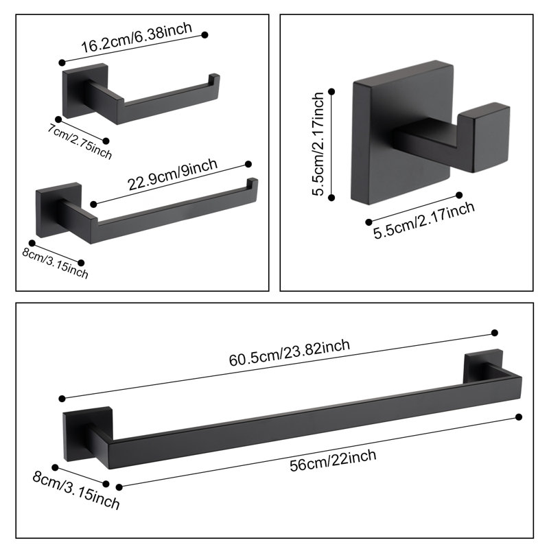 Ensemble de quincaillerie de salle de bain 8 pièces à fixation murale, acier inoxydable, Noir mat