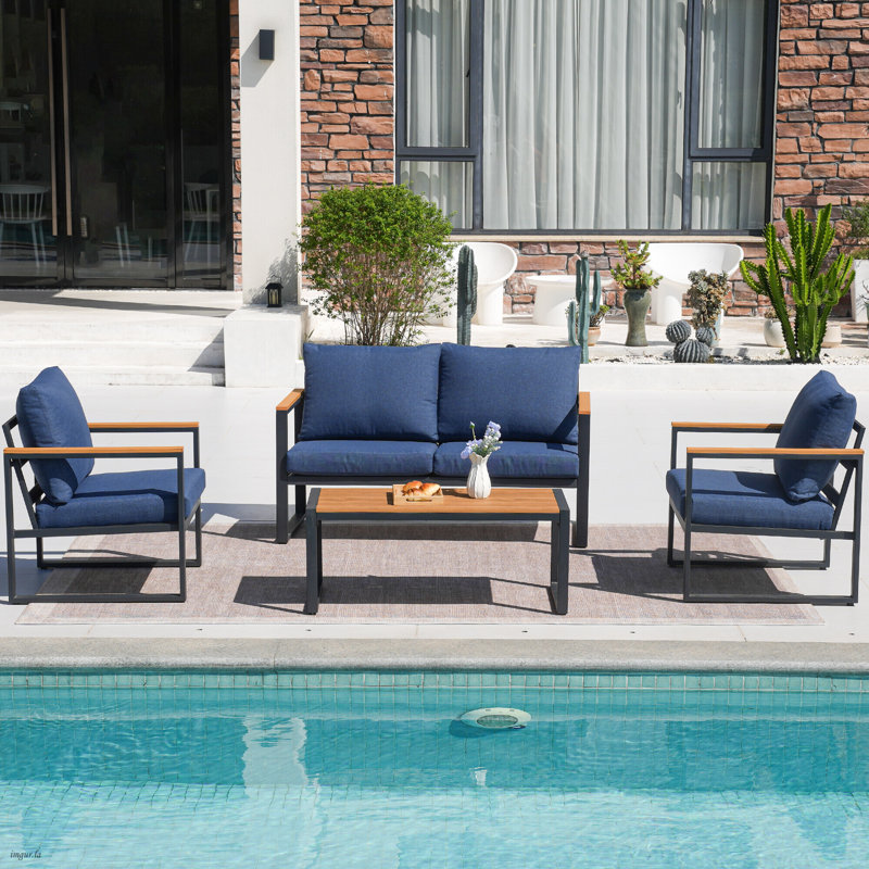 4 - Person Outdoor Metal Seating Group with Thick Cushions, Blue