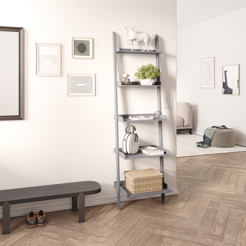 Gray 67" 5-Tier Wood Leaning Ladder Bookcase