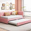 Lit de jour simple avec lit gigogne, revêtu de lin rose, tissu en lin sans sommier, taille, rose-862497606