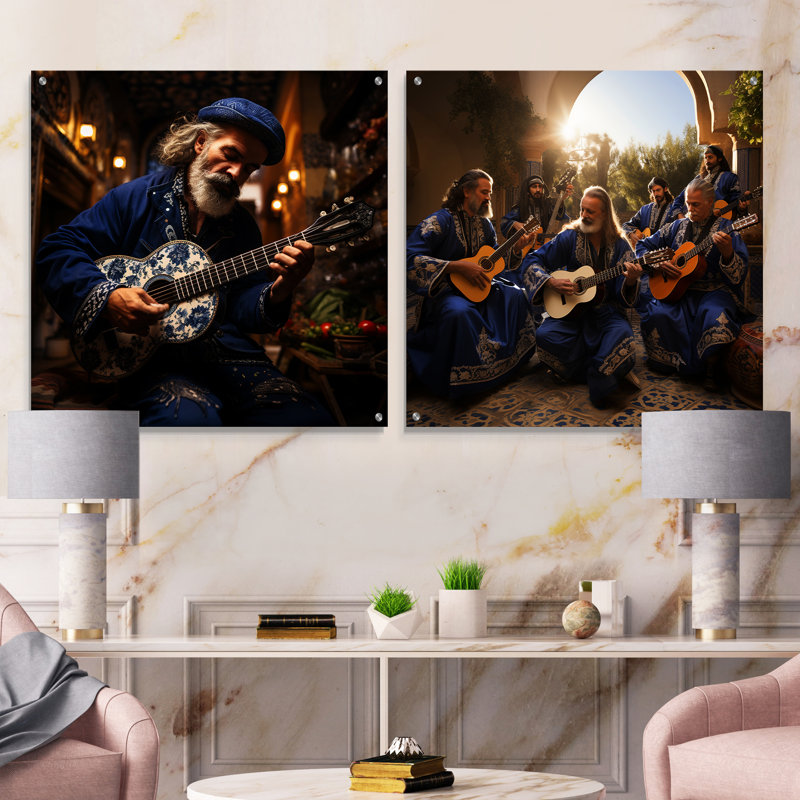 Judaïsme guitare sépharade - ensemble de 2 peintures murales en acrylique, H 16 po x l 33 po